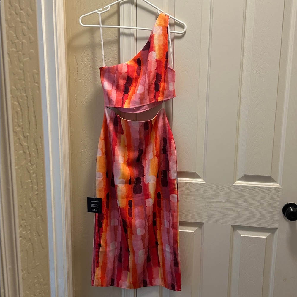 Lulus Luminous Vibes Hot Pink Abstract One-shoulder Cutout Midi Dress - Size S - Picture 6 of 8